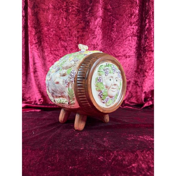 Vintage Pottery Mid Century Wine Barrel Keg Decanter Putti, Bacchus, Goat Relief - Picture 3 of 12